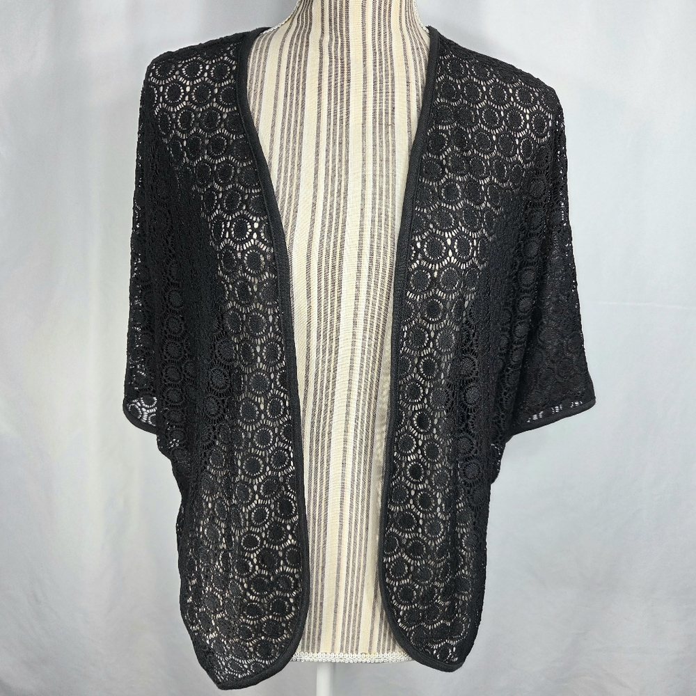 Easywear by Chico's Black Open Front Lace Front & Sleeves Cardigan Size 1=Medium